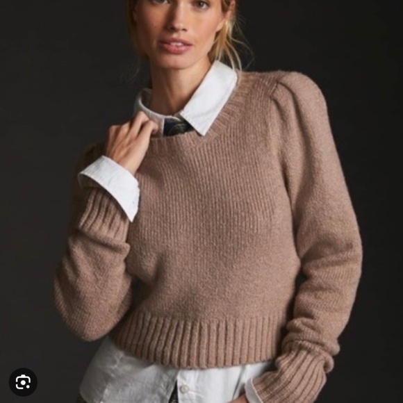 Anthropologie Maeve Crewneck Puff Sleeve Crop Sweater | Dusty Rose | Small - Picture 1 of 9
